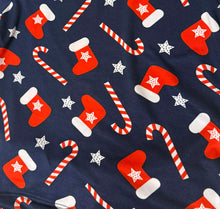 Load image into Gallery viewer, Navy Blue Candy Cane, Star and Stockings Pajama Set
