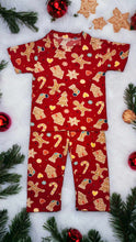 Load image into Gallery viewer, (CHRISTMAS) Red Ginger Bread House, Man, Candy Cane and Socks Pajamas Set
