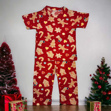 Load image into Gallery viewer, (CHRISTMAS) Red Ginger Bread House, Man, Candy Cane and Socks Pajamas Set
