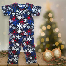 Load image into Gallery viewer, (CHRISTMAS) Black with Red, White and Blue Snowflakes  Pajamas Set
