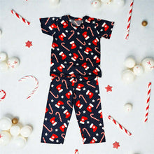 Load image into Gallery viewer, Navy Blue Candy Cane, Star and Stockings Pajama Set
