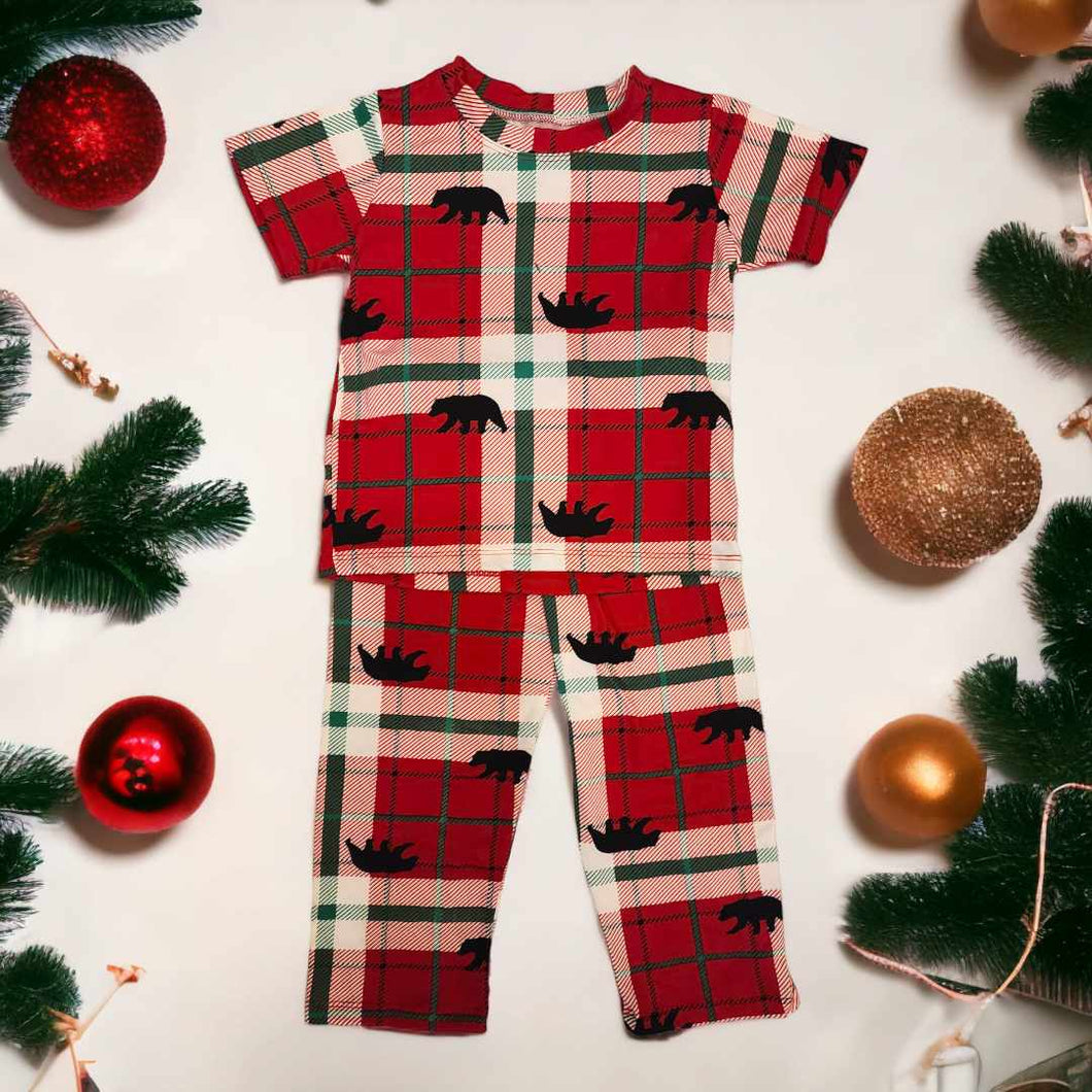 (CHRISTMAS) Red Plaid Black Bear Pajama Set