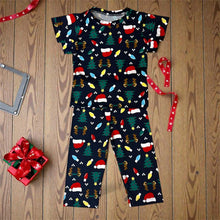 Load image into Gallery viewer, Navy Blue Christmas Lights, Tree and Santa Hat Pajama Set
