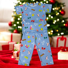Load image into Gallery viewer, Light Blue Christmas Sled, Hot Chocolate, Beanie and Gloves Pajama Set
